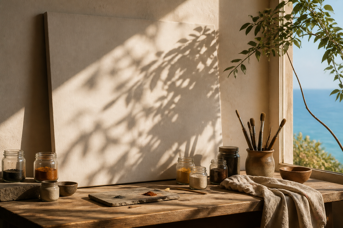Luz natural y sombras botánicas sobre un lienzo en un estudio de artista