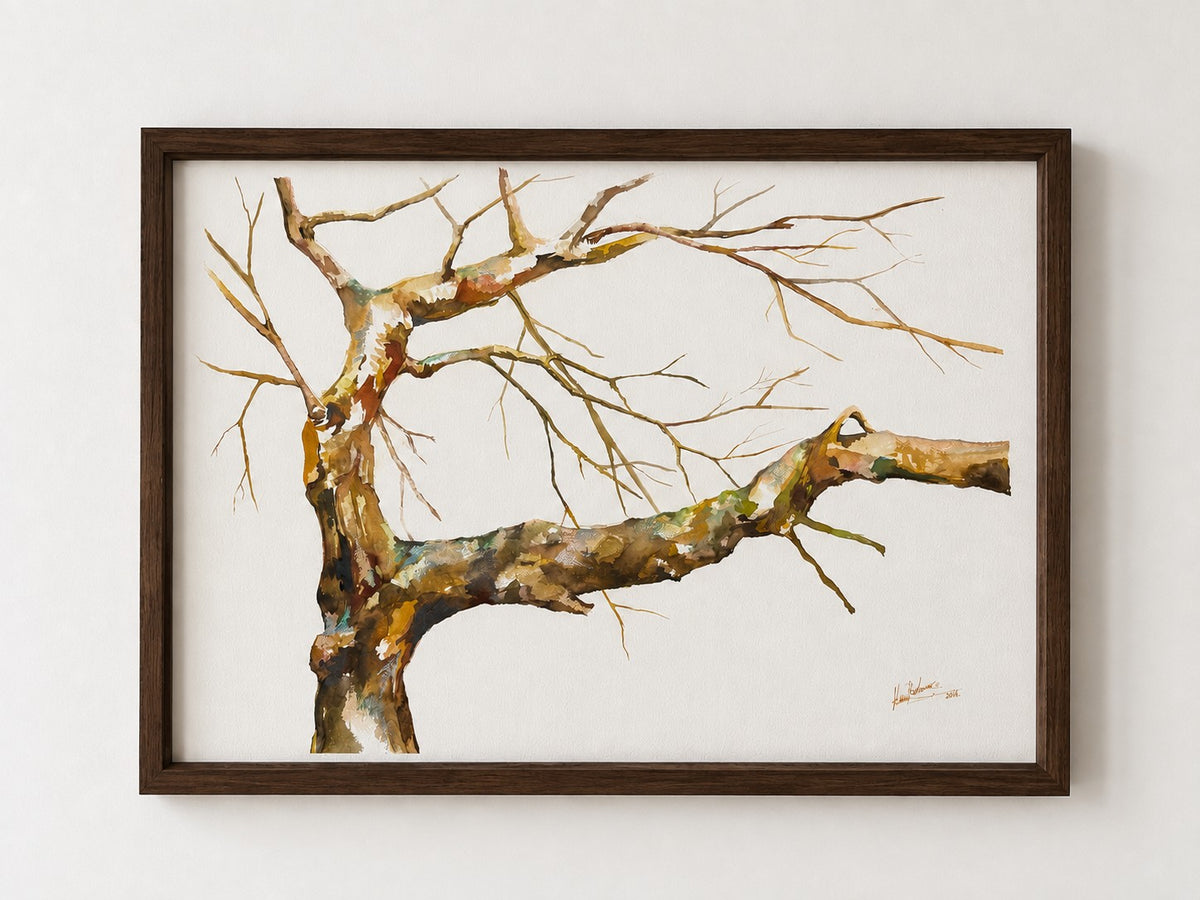 Fragmentos del bosque III, acuarela original de María Betancor, visualización enmarcada