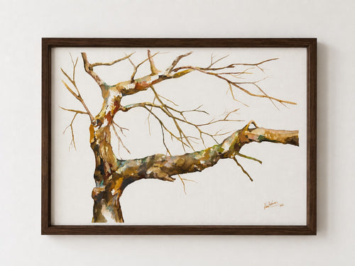 Fragmentos del bosque III, acuarela original de María Betancor, visualización enmarcada
