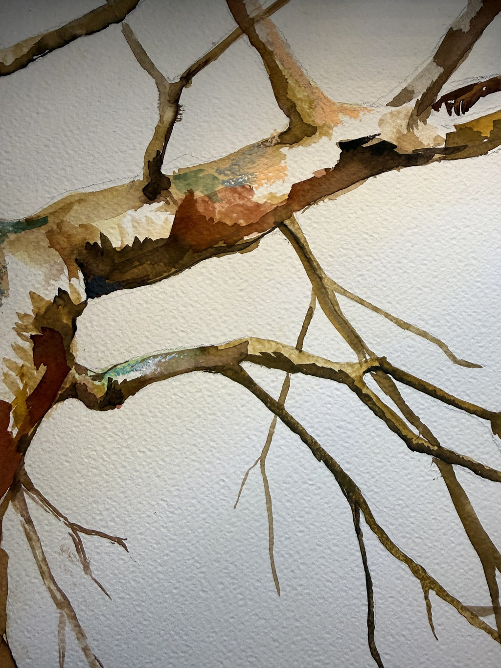 Fragmentos del bosque III, detalle de las ramas y las transparencias de la acuarela