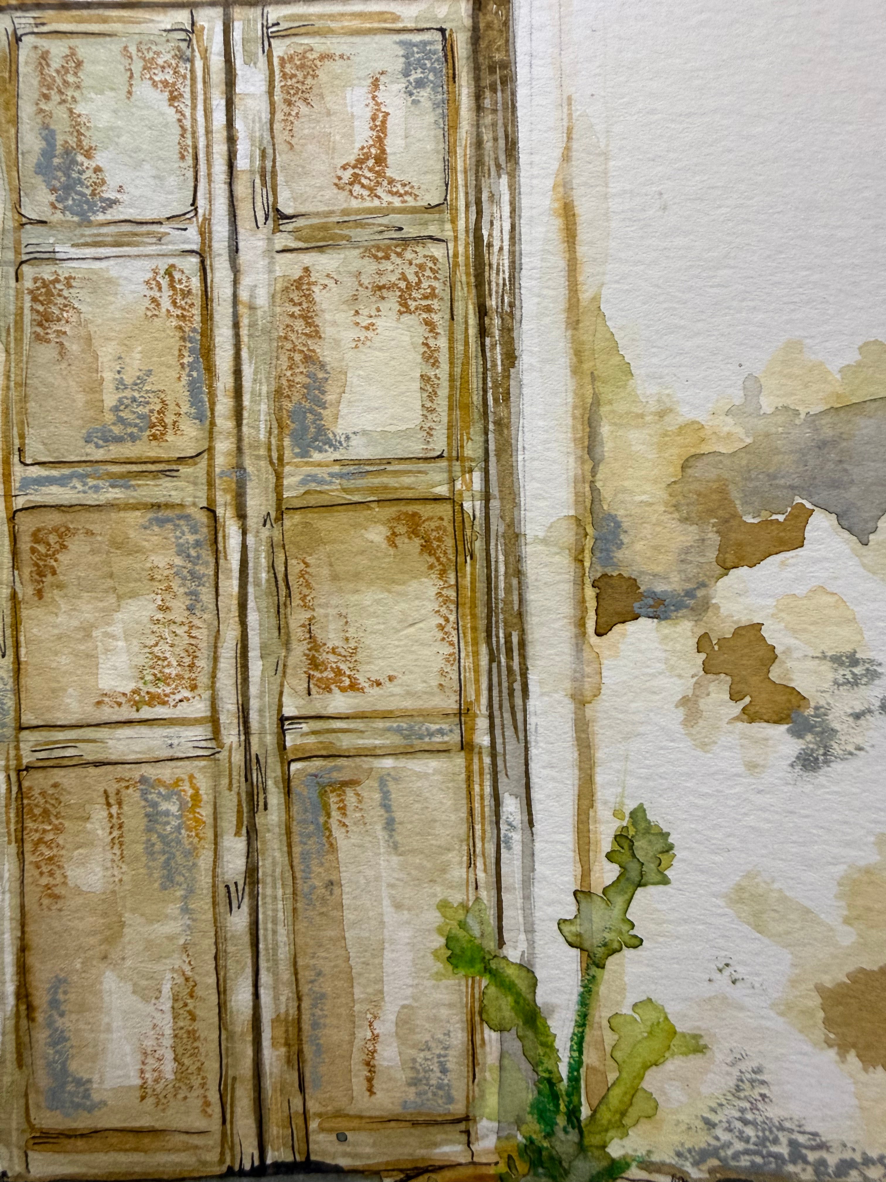Puertas de Teguise, detalle de la puerta y la maceta pintadas en acuarela