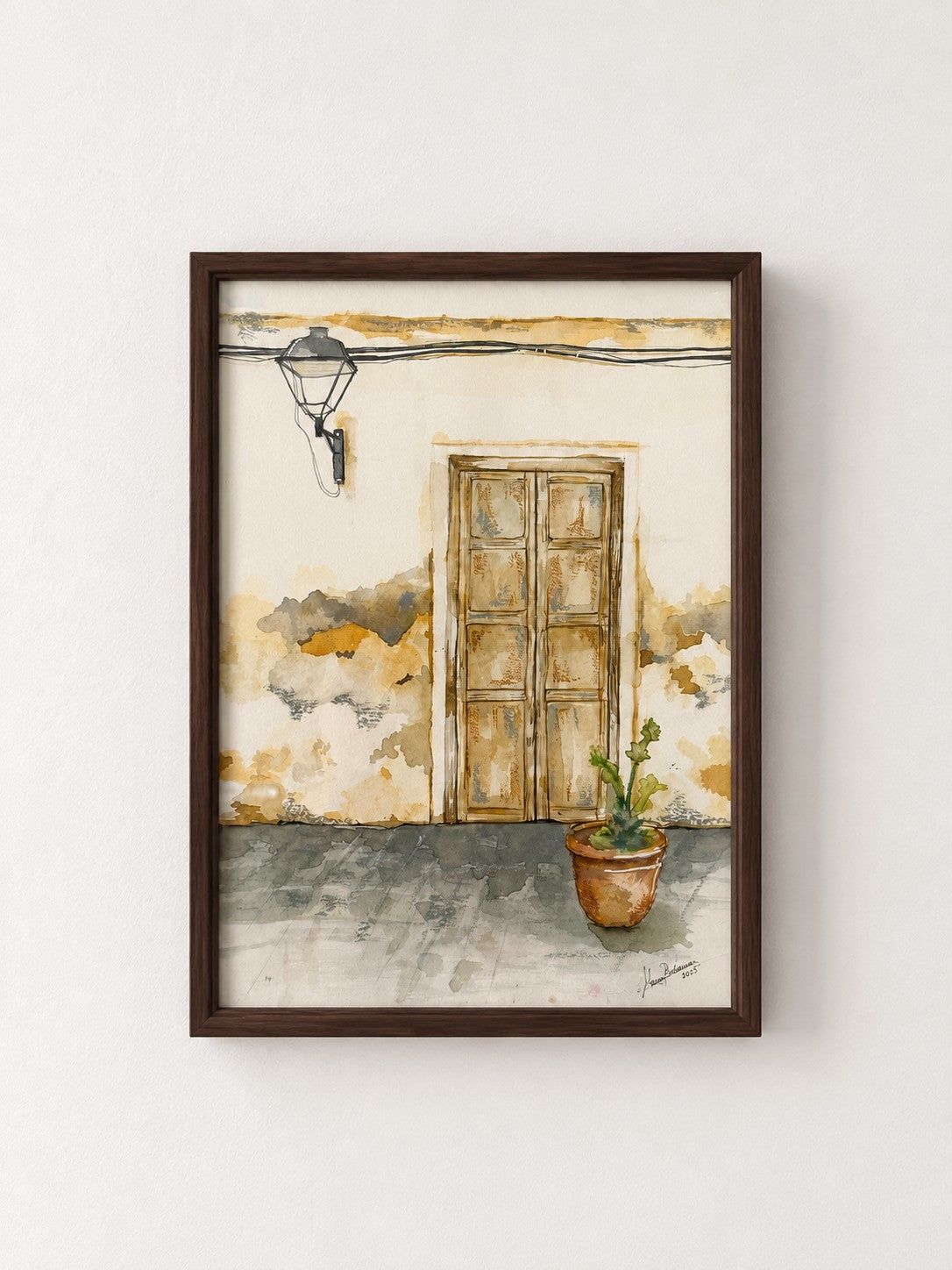 Puertas de Teguise, acuarela original de María Betancor, visualización enmarcada