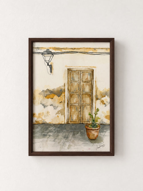 Puertas de Teguise, acuarela original de María Betancor, visualización enmarcada