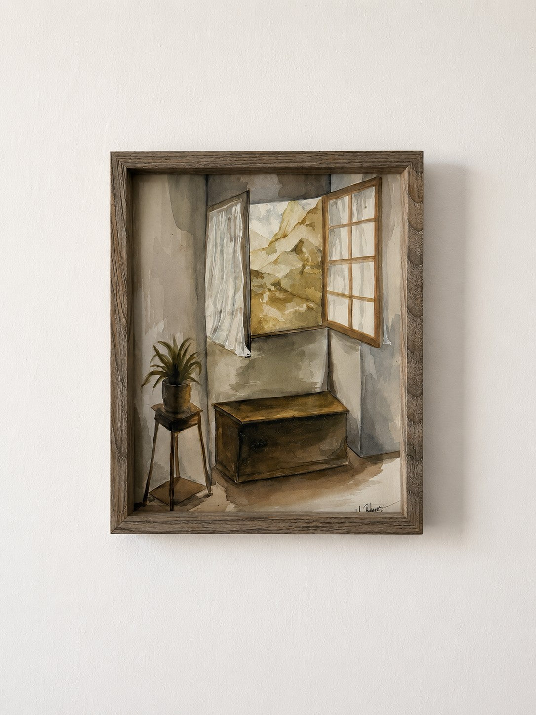 Una ventana a Los Silos, acuarela original de María Betancor inspirada en Tenerife, visualización enmarcada