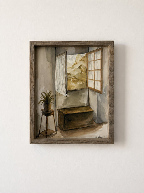 Una ventana a Los Silos, acuarela original de María Betancor inspirada en Tenerife, visualización enmarcada