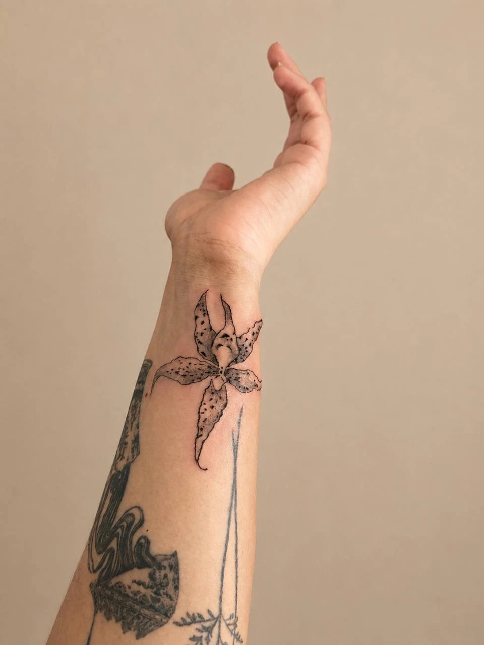 Orquídea Cambria tatuada por María Betancor en el antebrazo